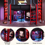 Gaming Loft Bed 140x200cm with Desk & LED, Black + Red