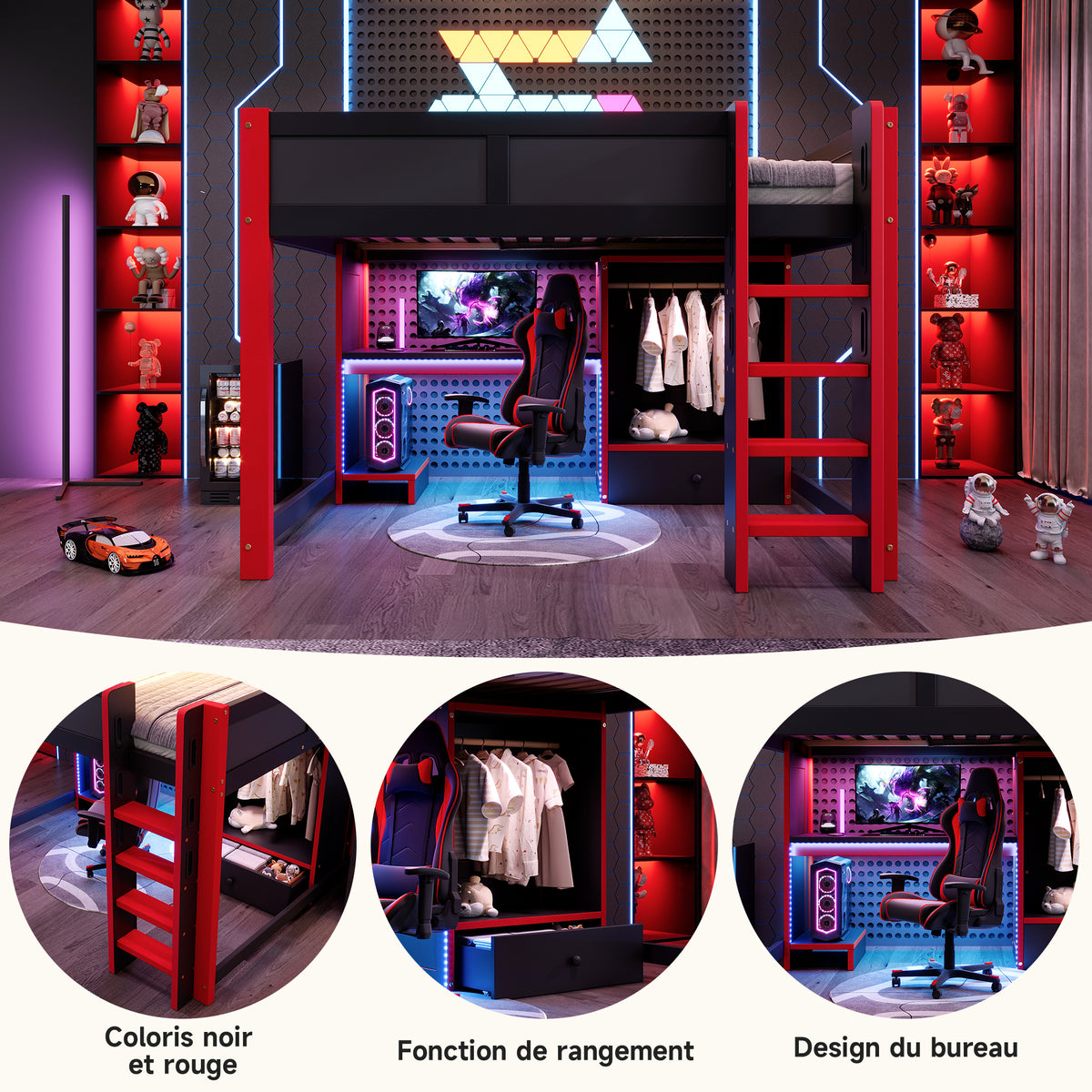 Gaming Loft Bed 140x200cm with Desk & LED, Black + Red