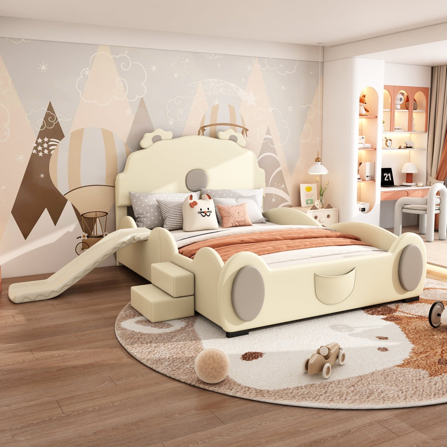 Bear Cartoon Bed for Children with Slide and Ladder, 140x200cm, Beige PU Leather