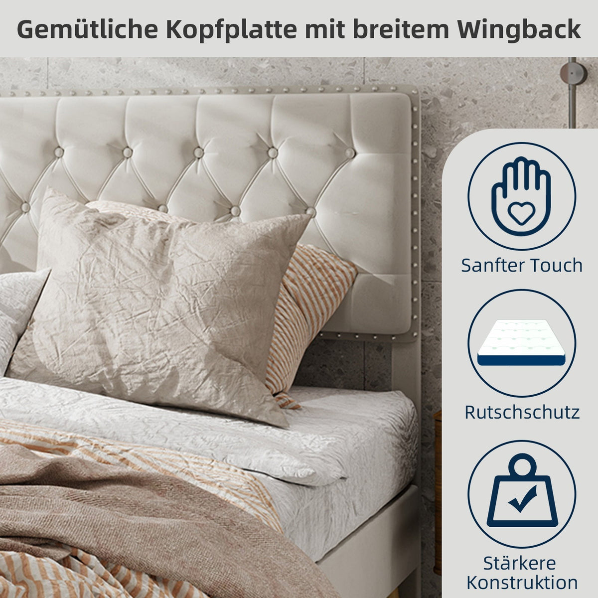 Modern Minimalist Soft Bed, Comfortable Headboard, Low Box Frame, 140x200CM, Beige