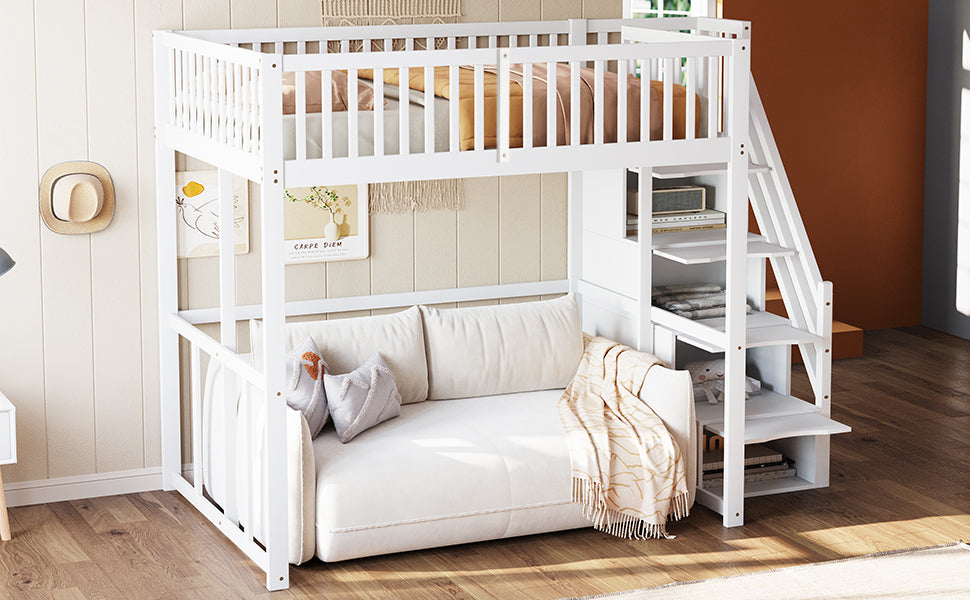 Loft Bed 140x200cm with Safety Storage Ladder and Railing, White Solid Pine Wood