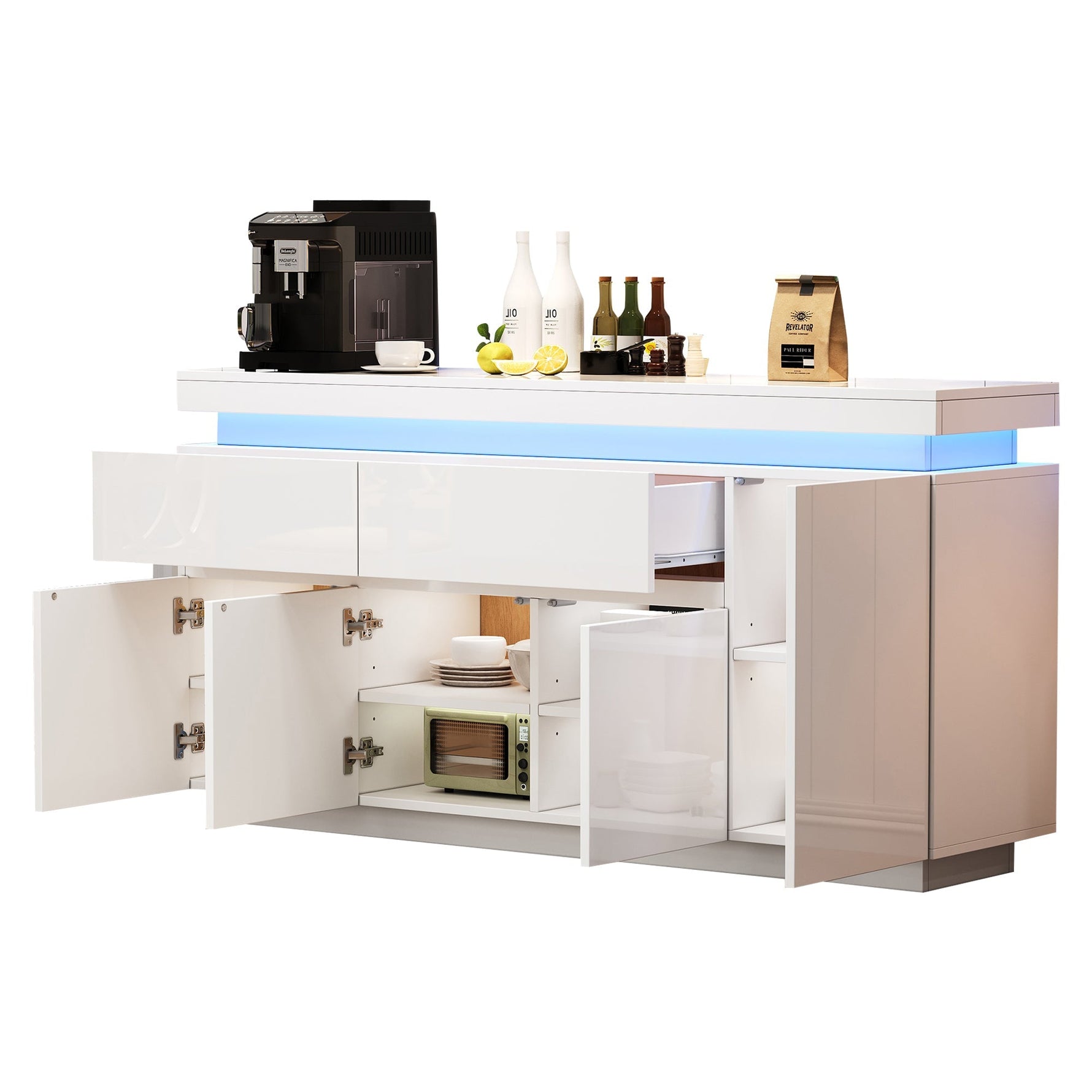 Sideboard 140x35x72.5cm High-Gloss LED 2 Drawers 4 Doors - White