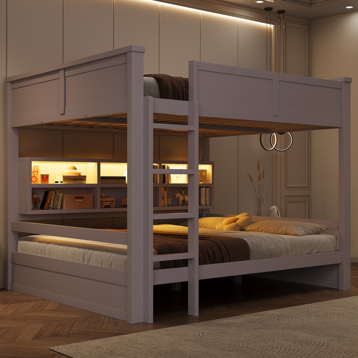 Bunk Bed 160x200 with Storage Cabinets & LED Light, Brown