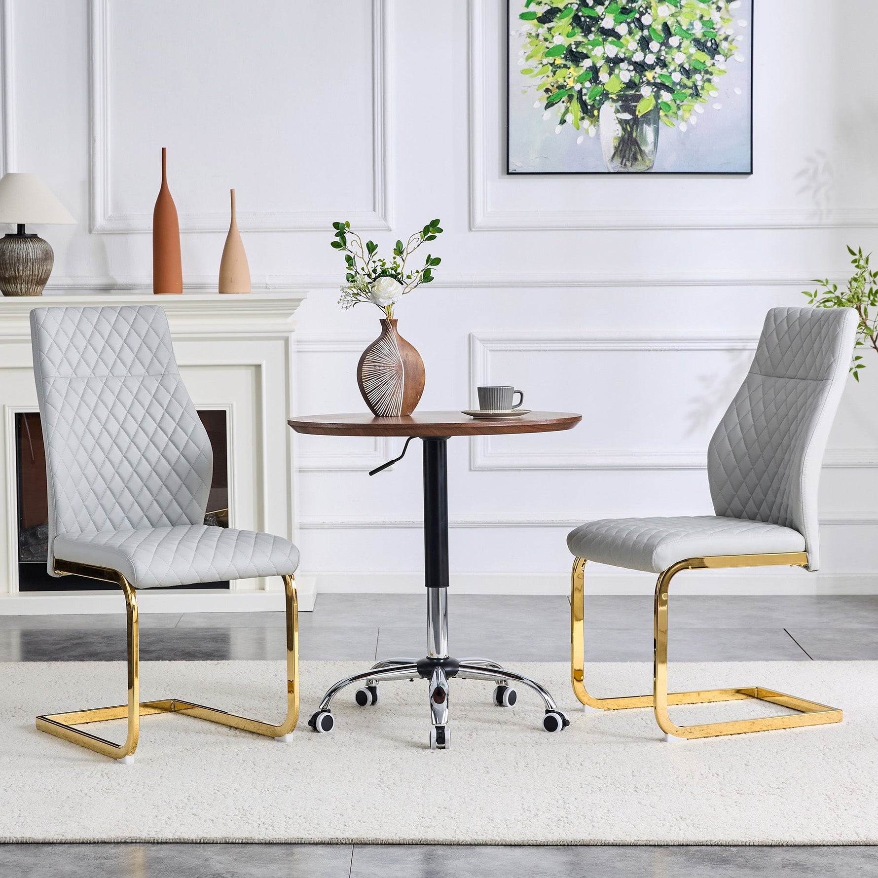 Dining Chair Set of 2, High Backrest and Gold Metal Frame, Light Grey PU Leather