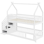 Children's Bunk Bed, 90x200, with Roof, Safety Ladder & Storage Drawers, Solid Wood White