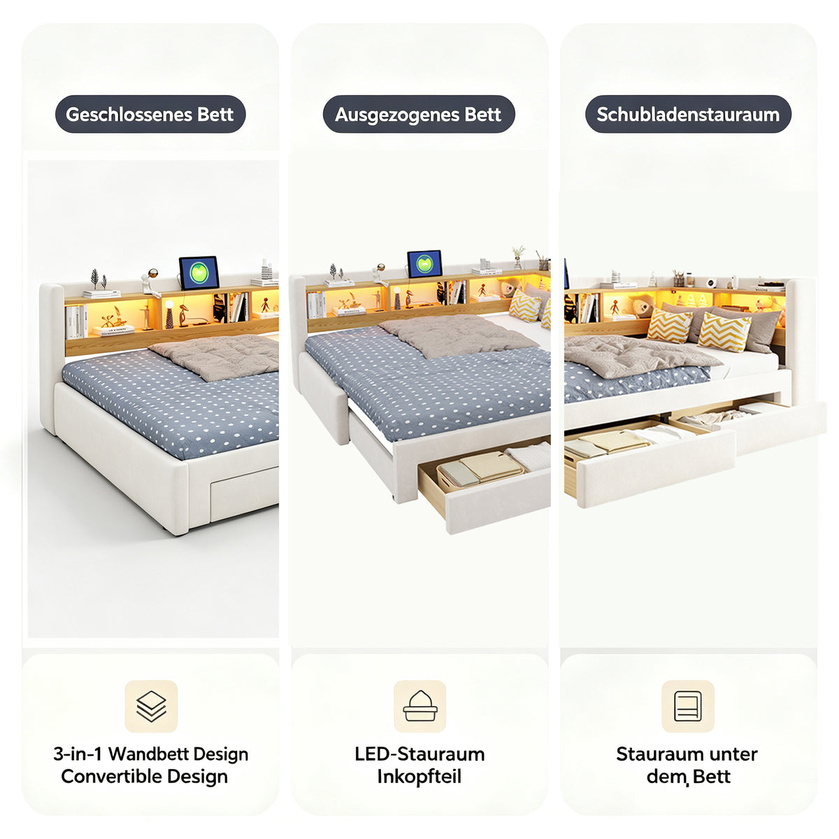 3-in-1 Sofa Bed 90x200 Extendable Daybed with LED & Drawers
