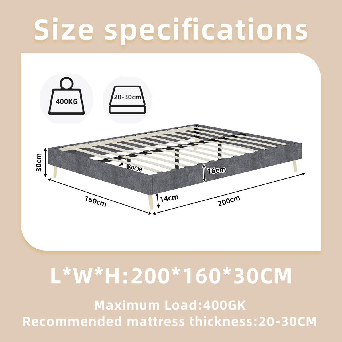 Bed Frame 160x200cm Minimalist Low Box - Gray Dutch Velvet