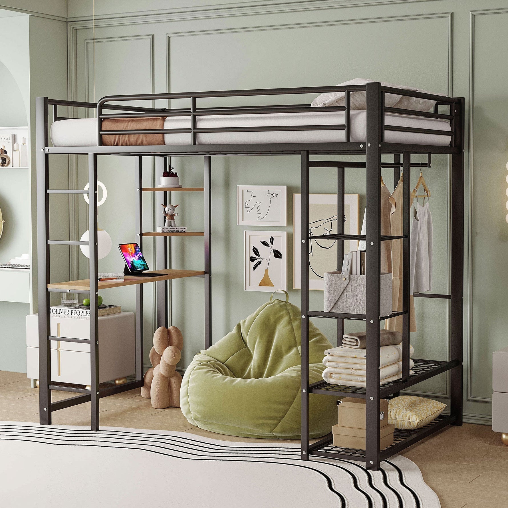 Loft Bed 90x200cm Single/Children's Bed with Ladder, Table, Storage, Black
