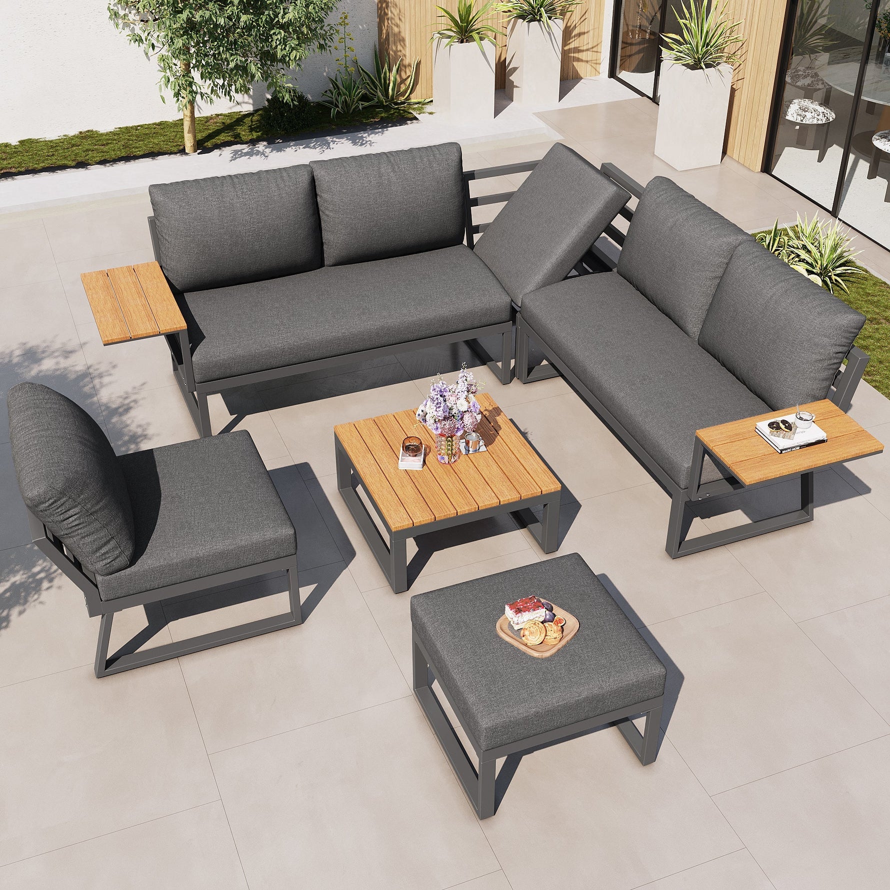 L-shaped Garden Sofa Set Weatherproof 7-Seater Corner Lounger Wooden Armrests Iron Grey/Beige