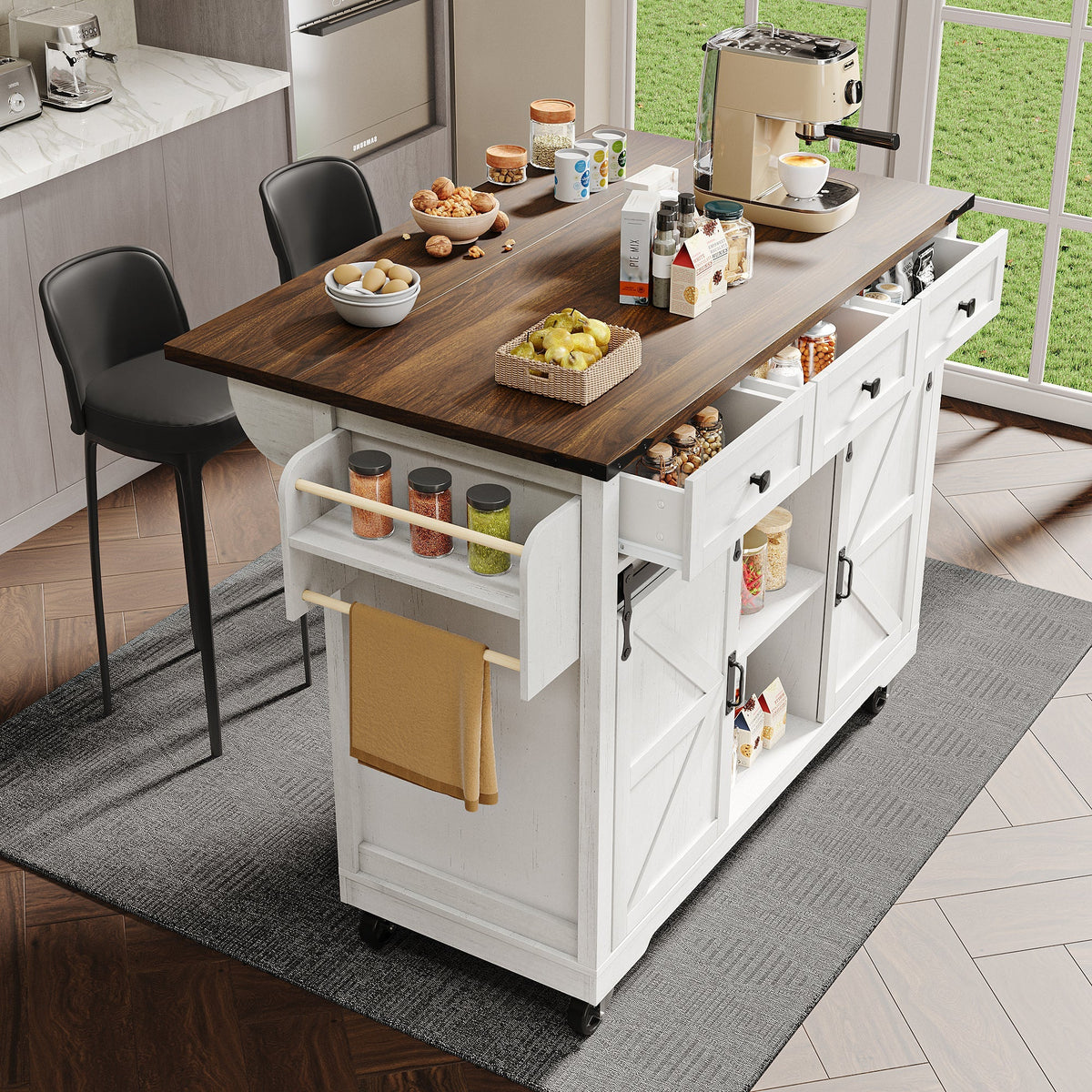 Kitchen Island Mobile Extendable Worktop 2 Sliding Doors 3 Drawers - Wood Grain