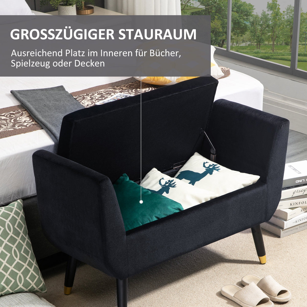 Luxury Upholstered Bench, with Storage & Armrests, Velvet Polyester, Black