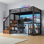 Loft Bed 90x200cm with Desk, LED & Storage, Black Metal