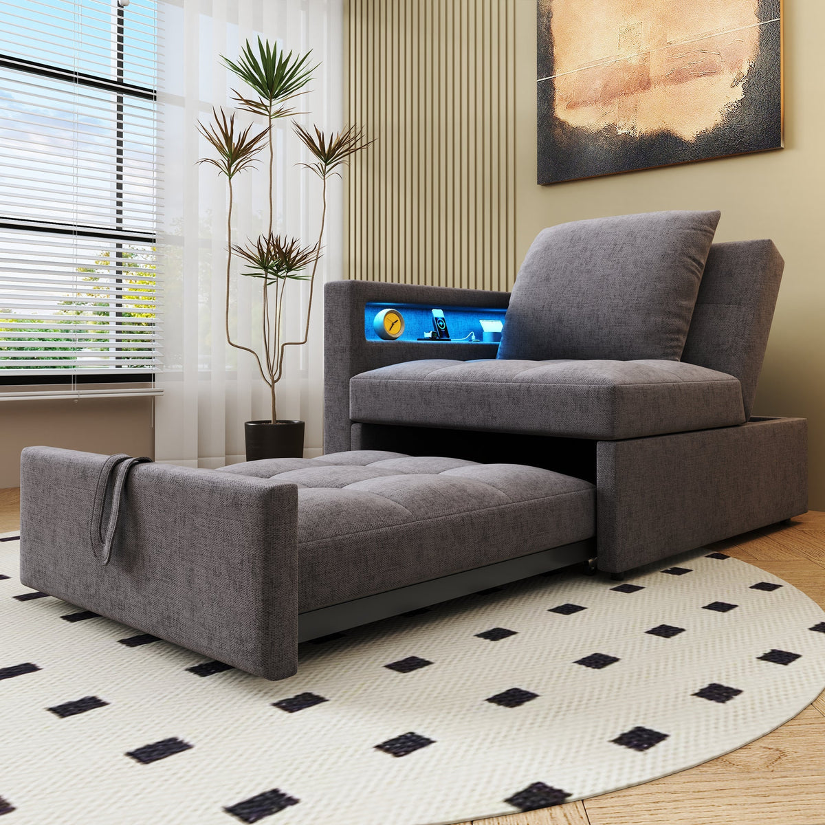 Upholstered Sleeper Sofa, 3-in-1 Multifunctional LED USB Ports, Linen Fabric