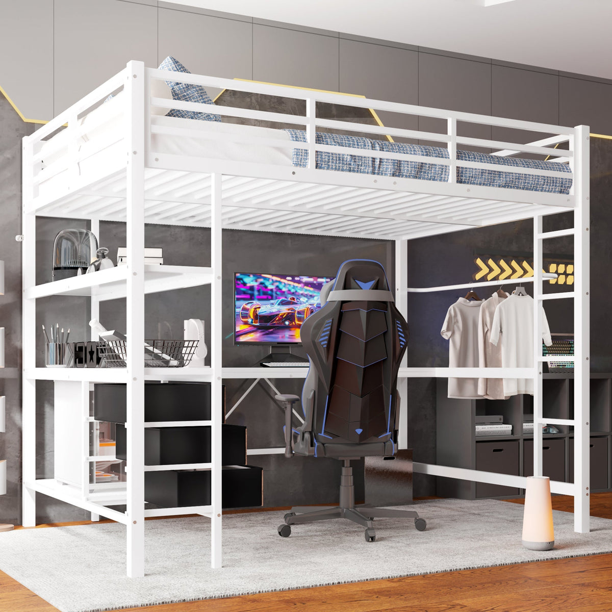 Loft Bed 140x200cm LED Desk USB/Power 3 Drawers Stairs - White