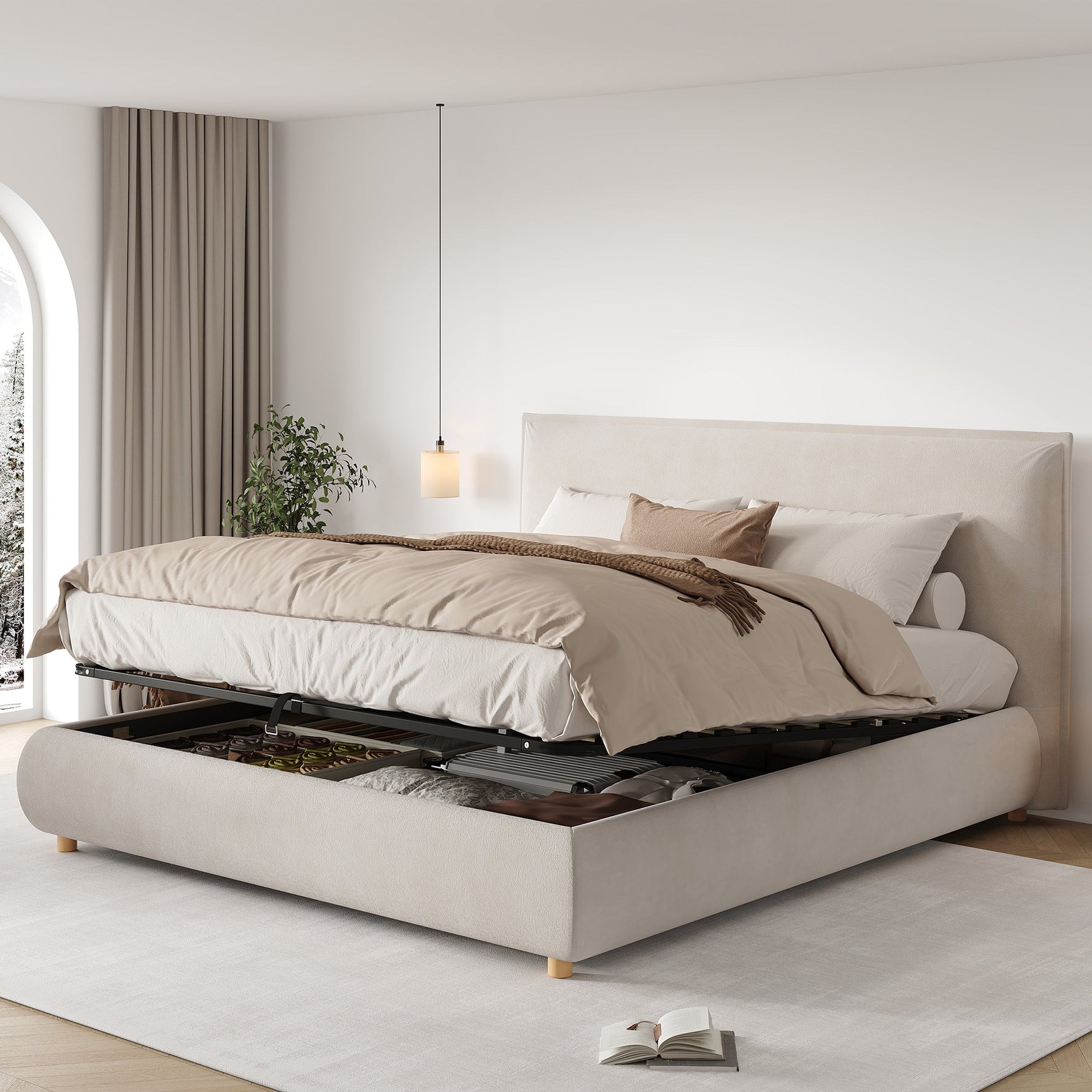 Upholstered Double Bed with Hydraulic Storage and Slatted Base, 180x200cm, Cream Velvet