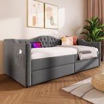 Upholstered Bed Daybed Sofa Bed with USB Type C & 2 Drawers, Grey Linen