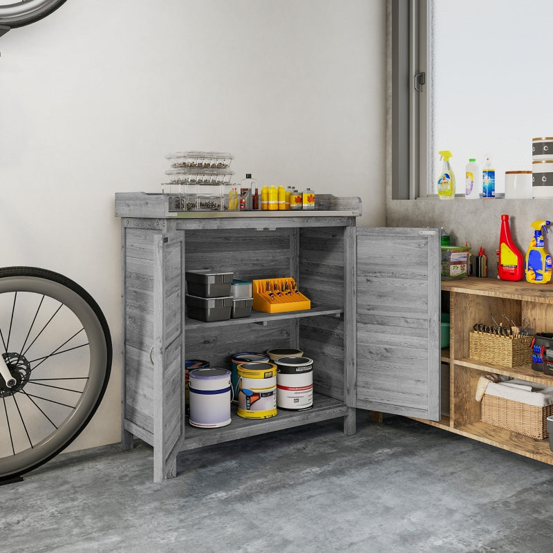 Garden Cabinet Tool Shed Potting Table Galvanized Worktop 2 Shelves - Grey
