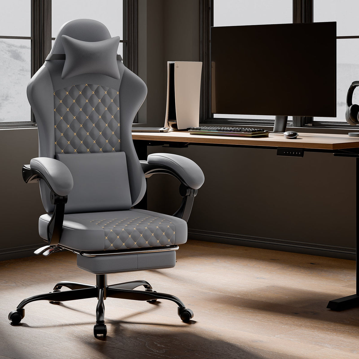 Gaming Chair Ergonomic Massage Footrest 150kg, Grey PVC Leather