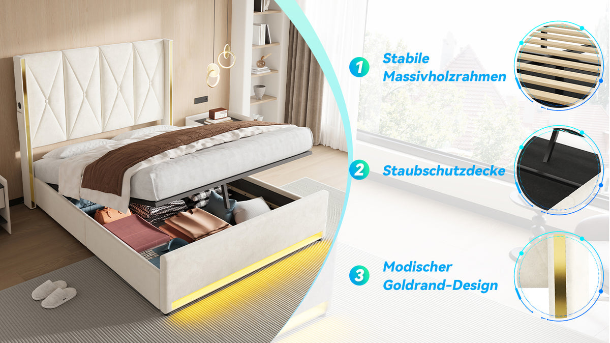 Hydraulic Storage Bed with LED & USB, 160x200 cm, Velour