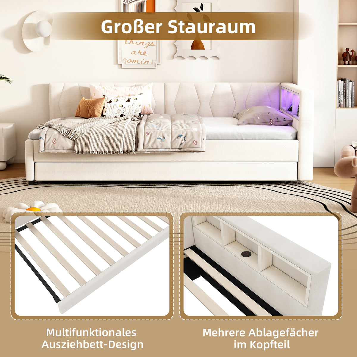 Daybed 90x200cm with Trundle, Storage & LED, Beige Linen