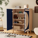 Modern Shoe Cabinet with Geometric Doors and Multi-Level Storage, Blue and Natural
