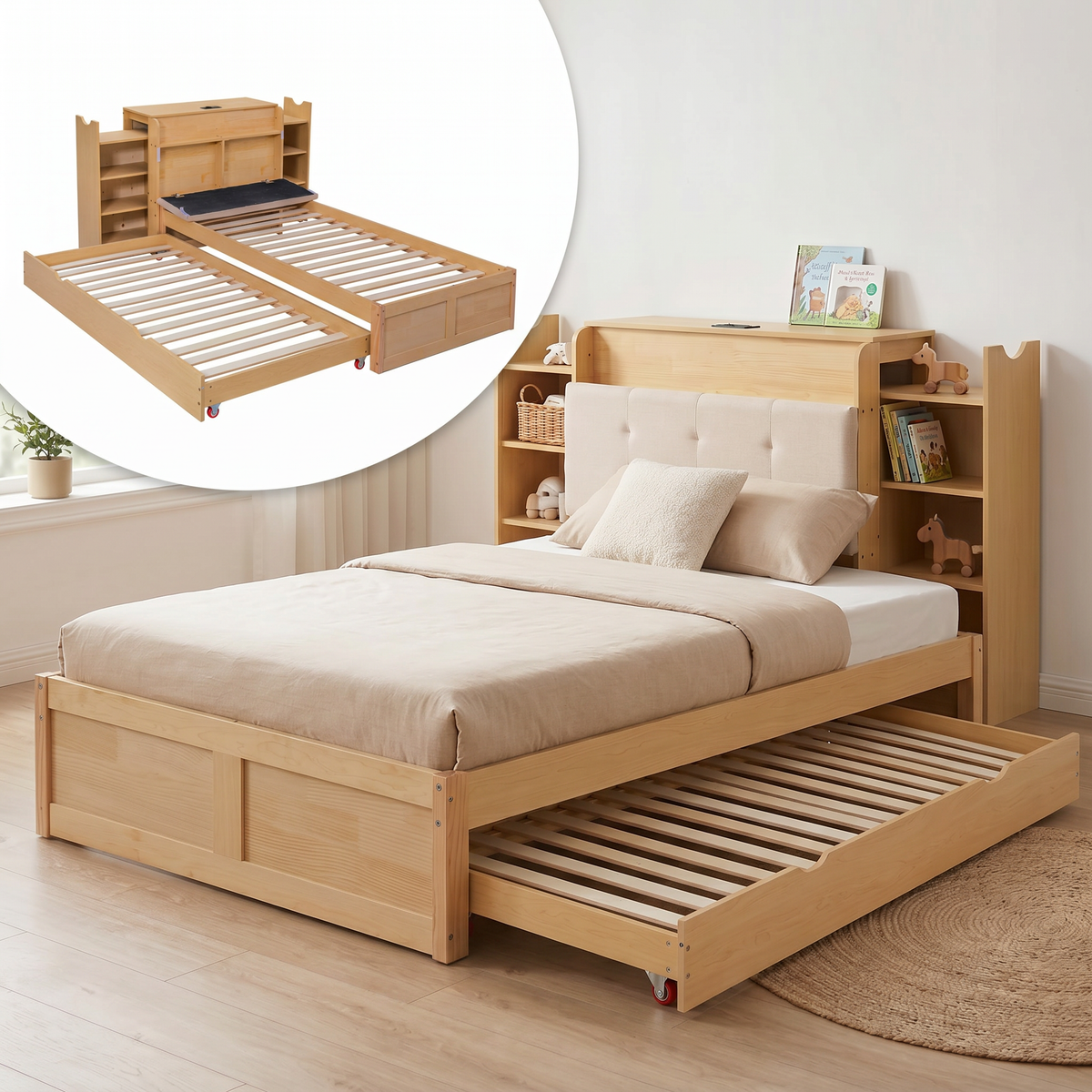 Upholstered Double Storage Bed 160x200 LED USB-C, Linen
