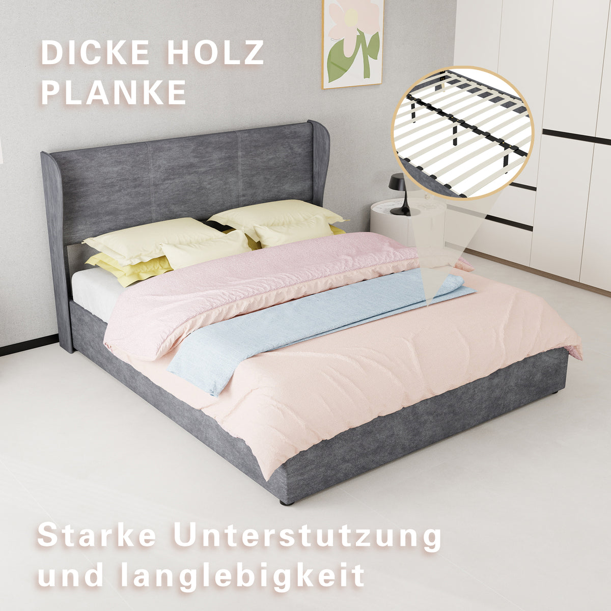 Modern Upholstered Bed with Gas Lift Storage, 160x200 cm - Grey