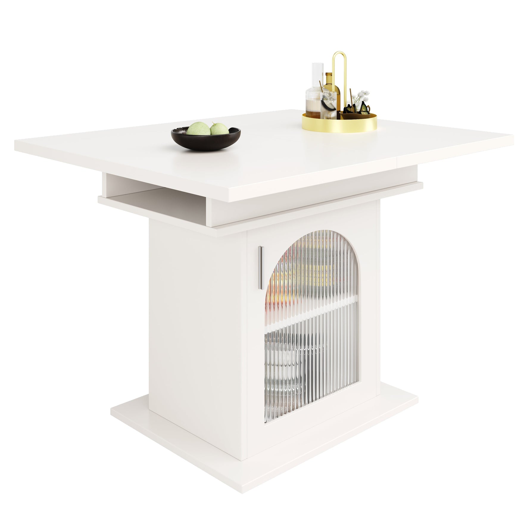 Dining Table, Telescopic Extendable with Storage Levels, White