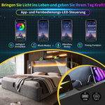 Hydraulic Double Bed 140x200cm, High Headboard LED Storage USB, Linen Look Grey