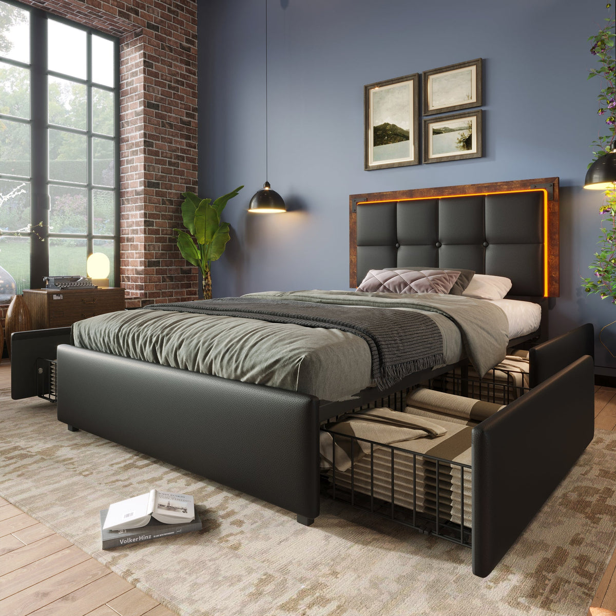 Bed Frame, LED, 4 Drawers, Adjustable Headboard, Black PU