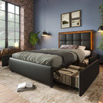 Bed Frame, LED, 4 Drawers, Adjustable Headboard, Single 90x200cm, PU Black