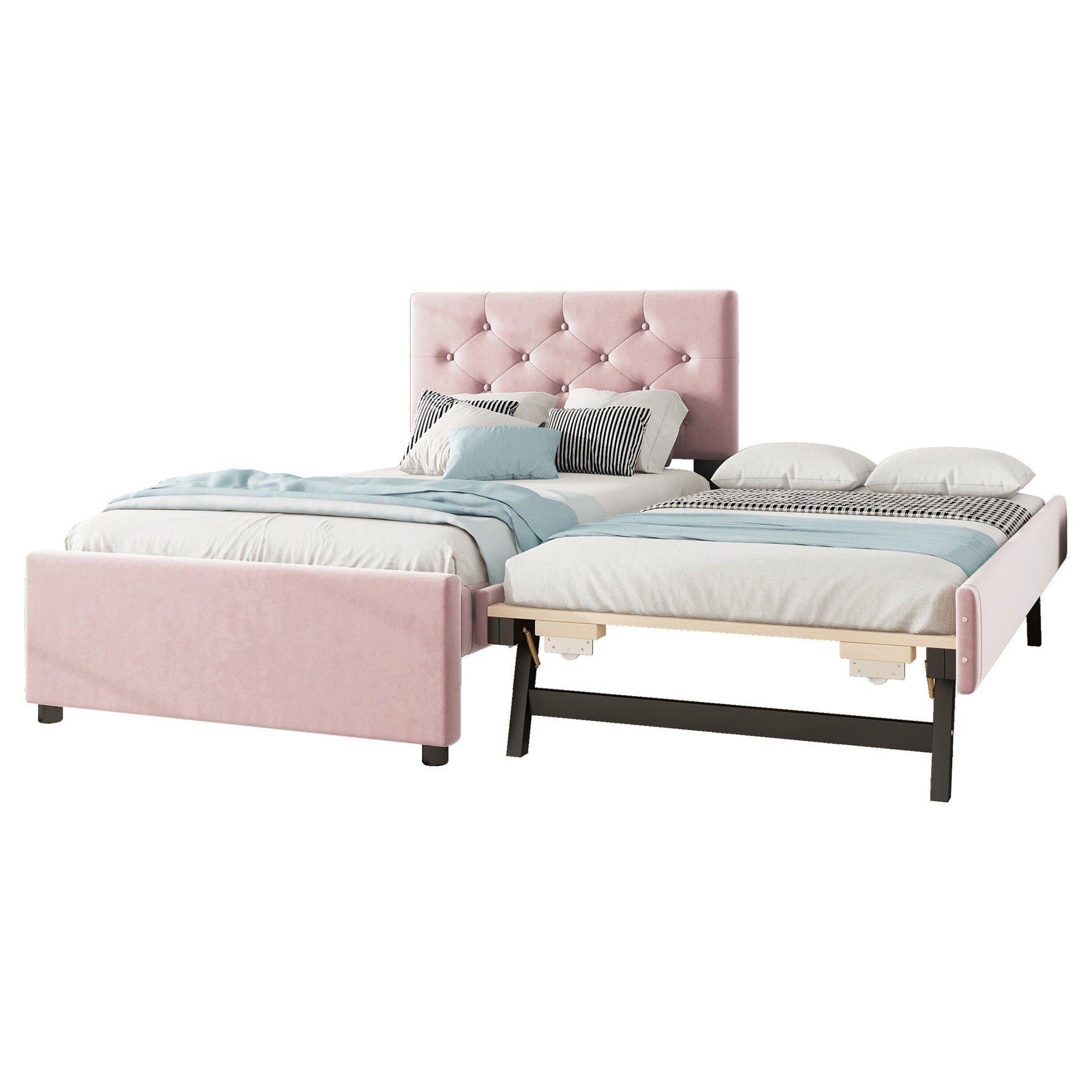 Upholstered Bed 90x200cm with Slatted Base and Rolling Storage, Pink Velvet