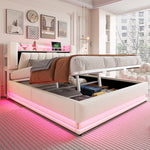Smart Upholstered Bed with LED, USB and Hydraulic Storage, Beige Velvet
