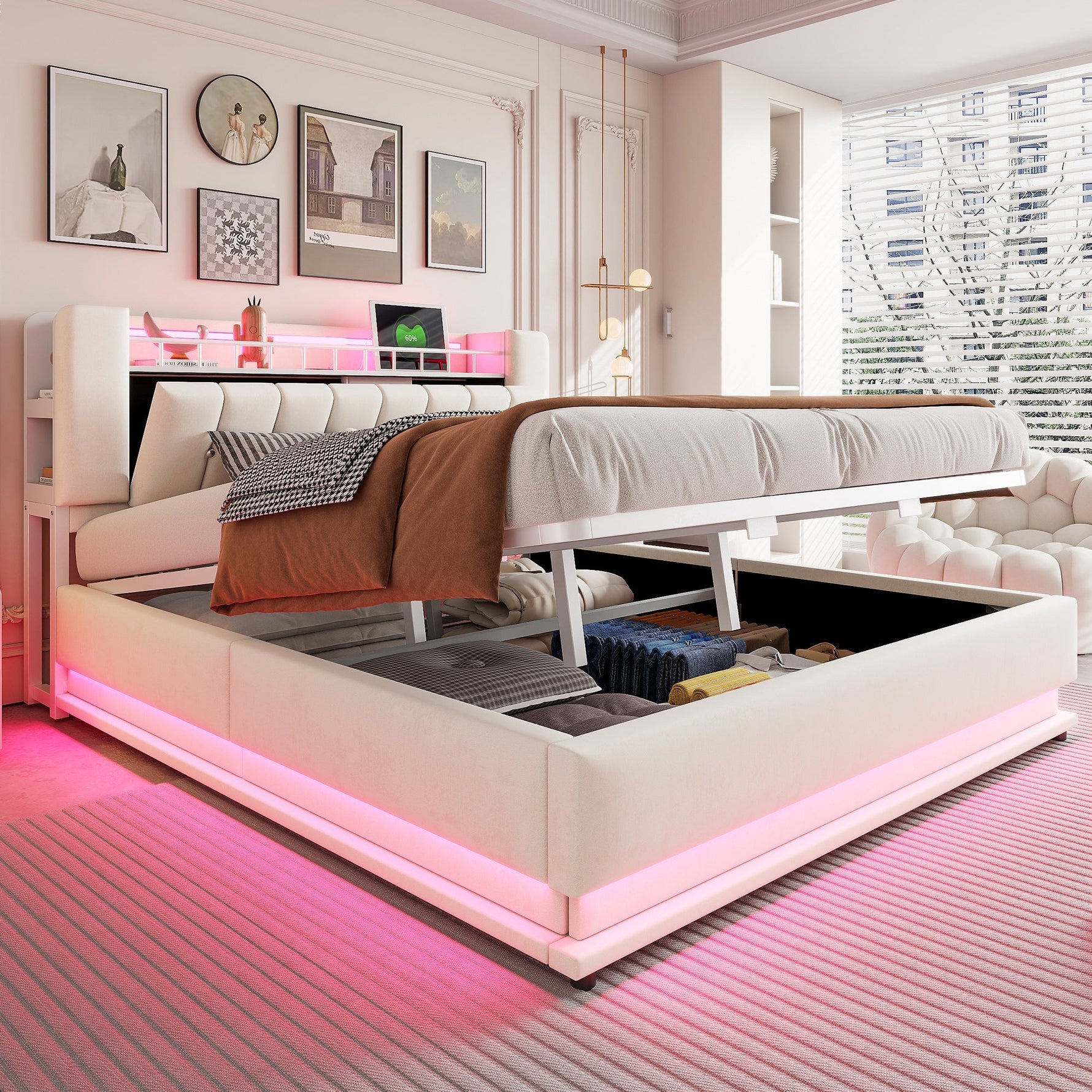 Smart Upholstered Bed with LED, USB and Hydraulic Storage, Beige Velvet