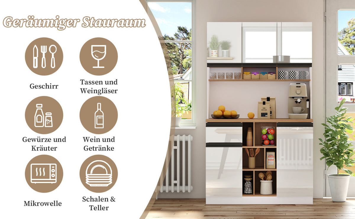 Modern Kitchen Cabinet with Drawers Adjustable Shelves Open Storage - White