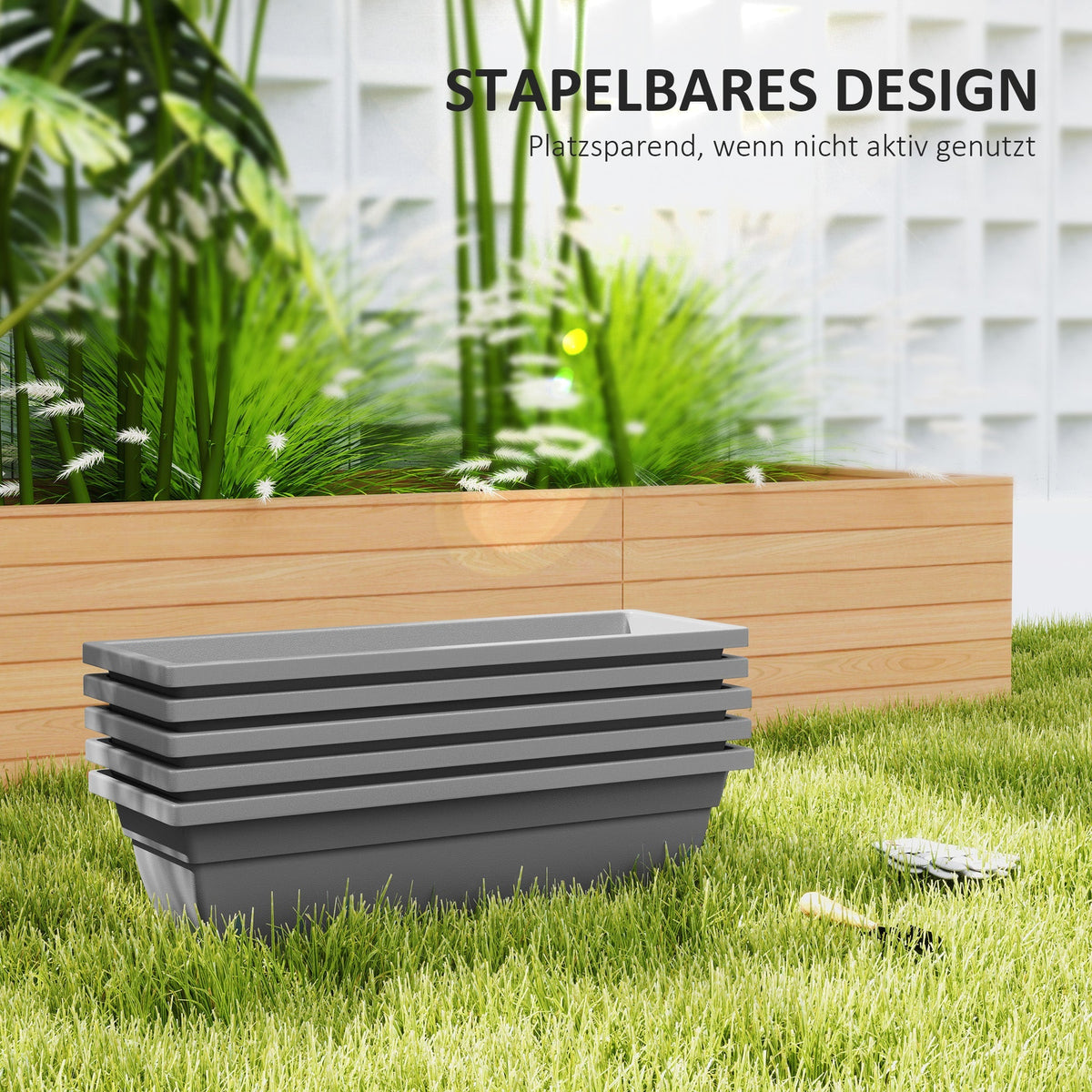 5 Plastic Flower Pots Stackable Weatherproof for Indoor Outdoor Use, Grey
