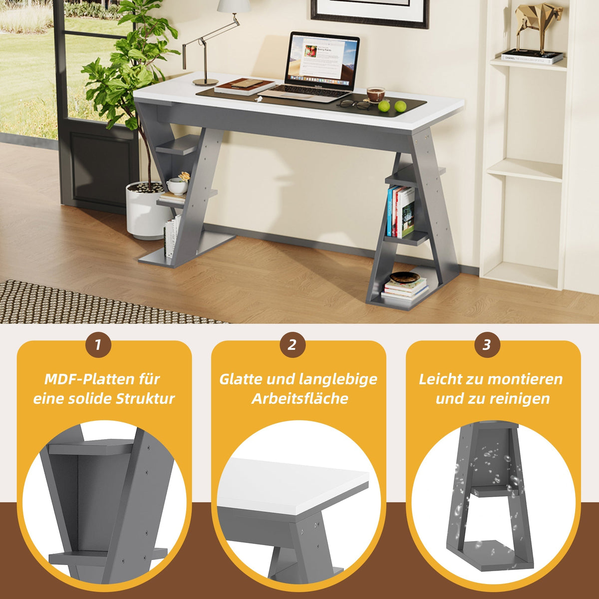 Simple Desk with X-Shaped Bracket and Storage Shelf, Grey and White