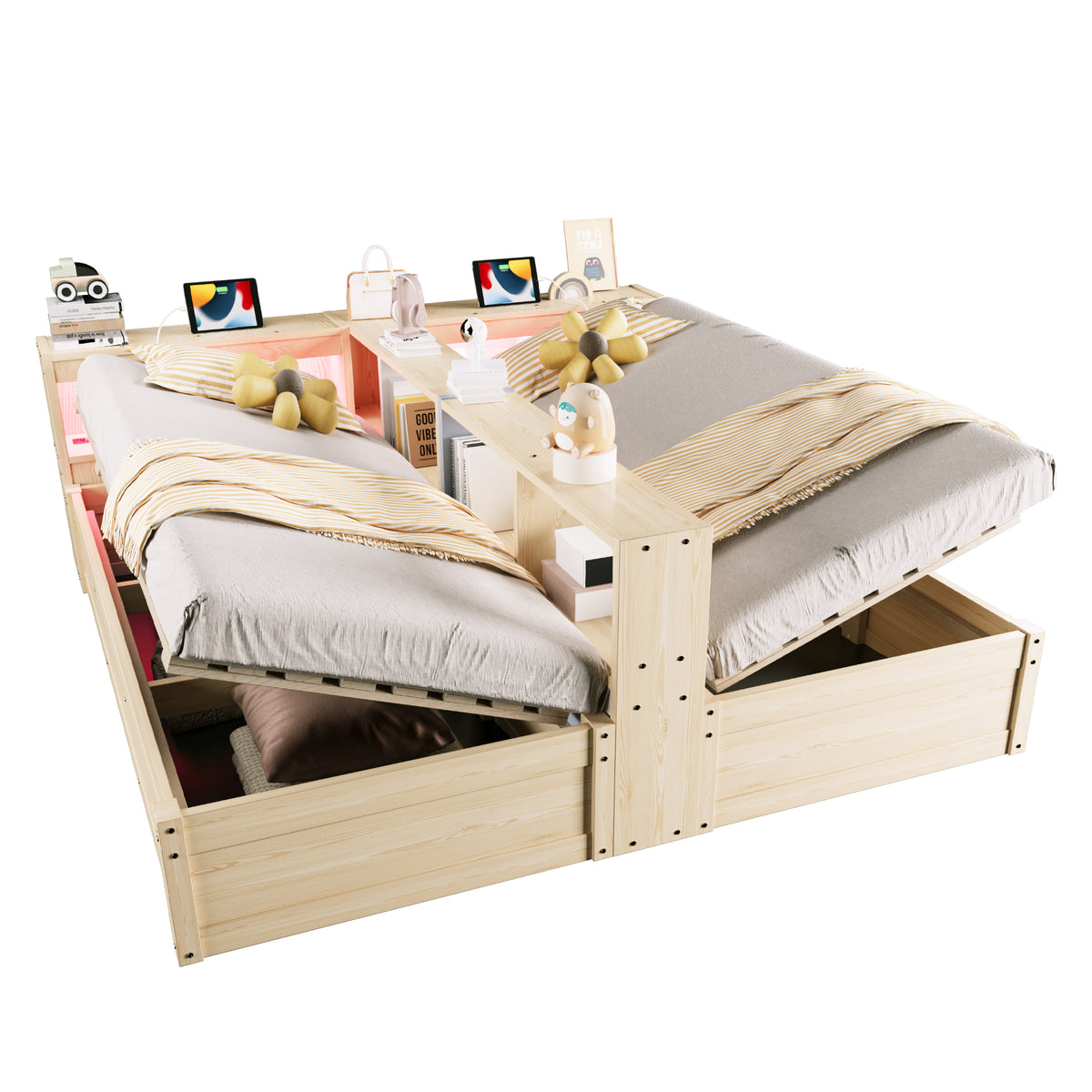 Extendable Sofa Bed 90/180x200cm with Storage & LED, Wood Color