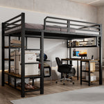 Loft Bed with Desk, Storage, Sturdy Slats, 4-Step Ladder, 120x200cm, Iron + Chipboard Black/Dark