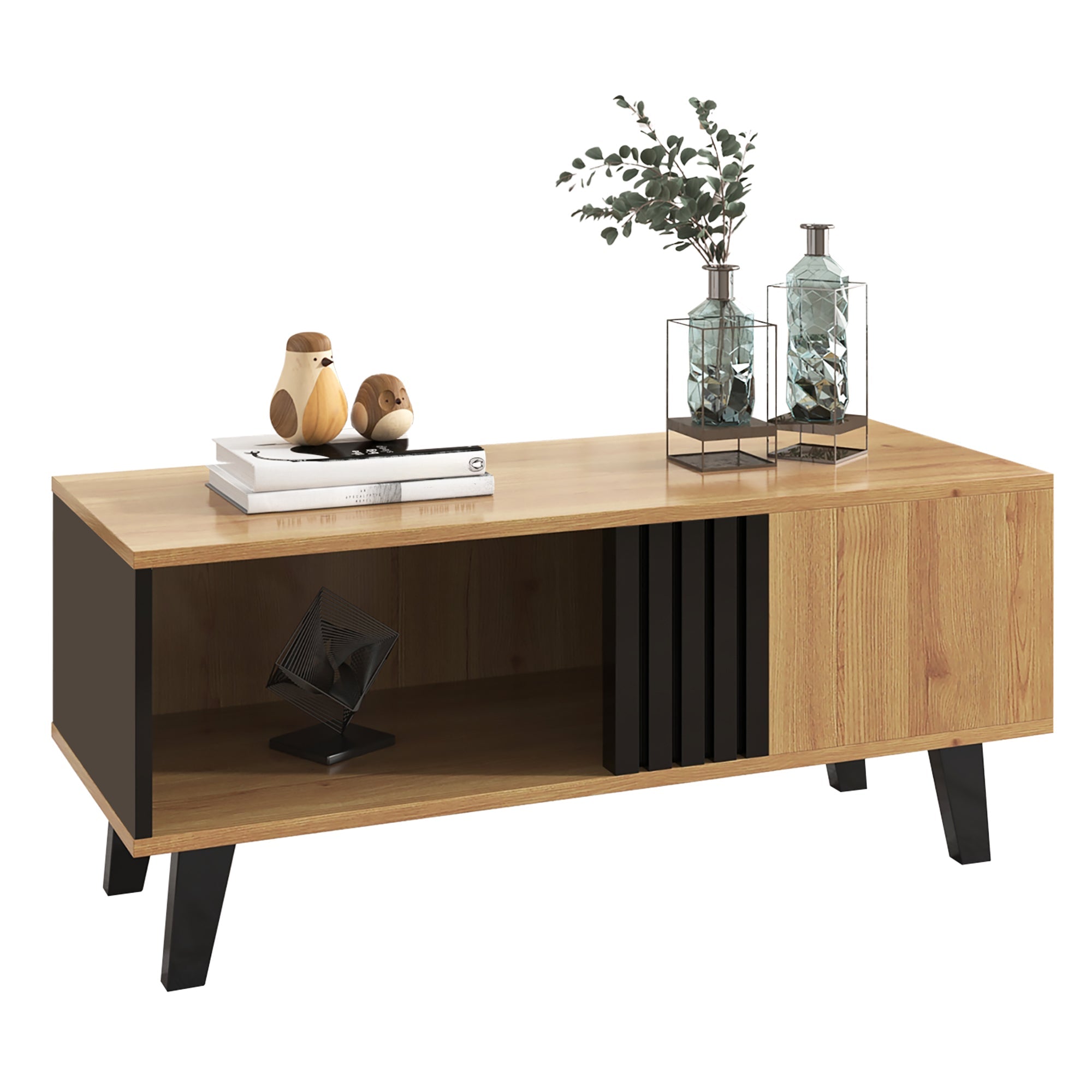 Coffee table with side table and drawer, versatile storage, wood and black design