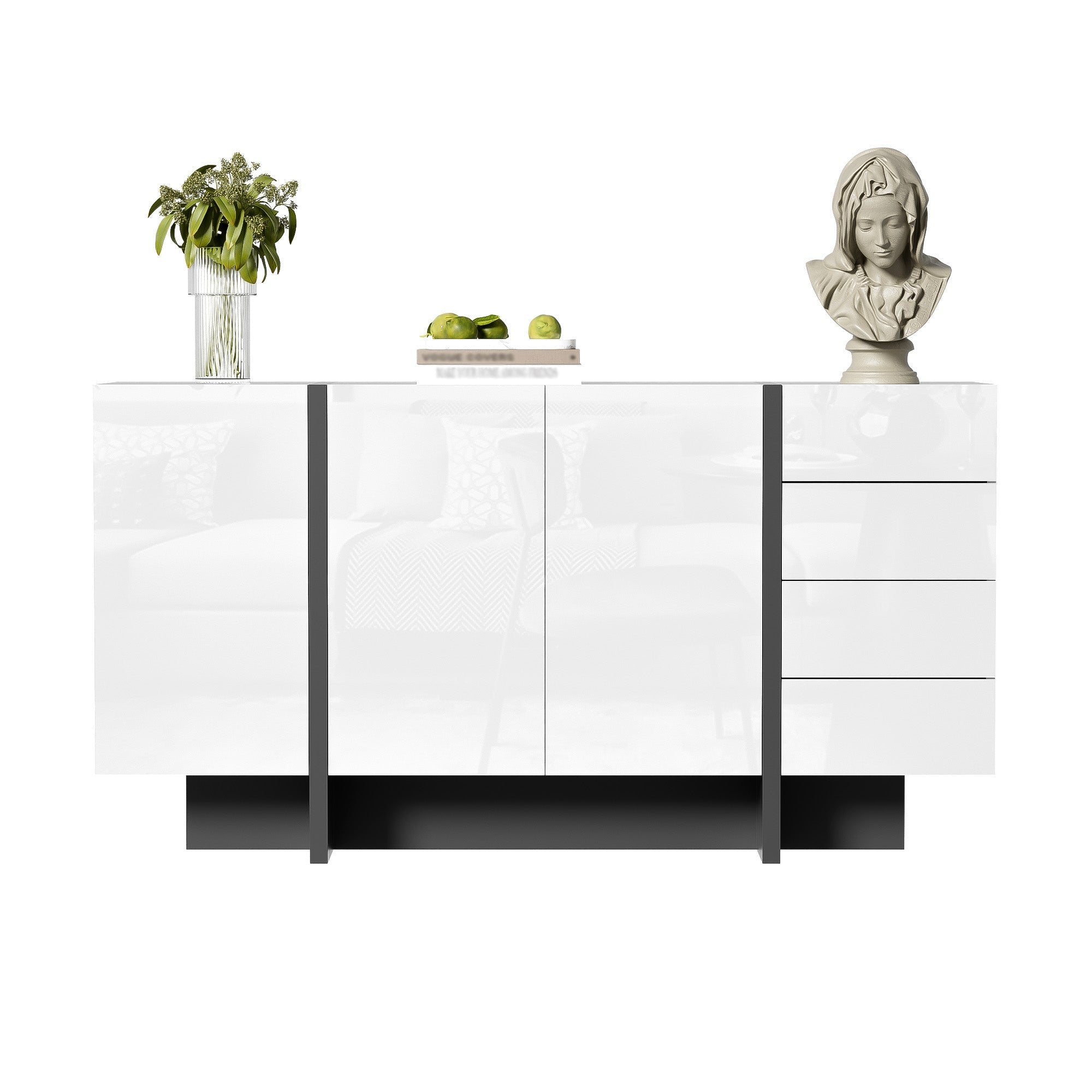 Sideboard, 2-Door 4-Drawer Modern, White High-Gloss