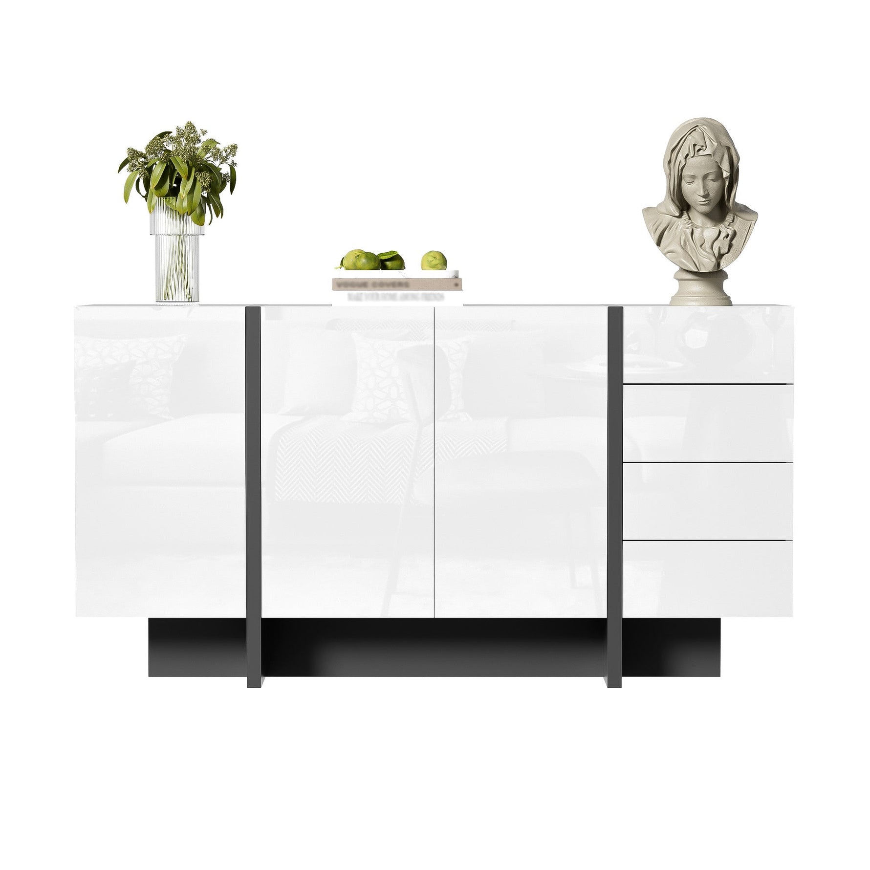 Sideboard, 2-Door 4-Drawer Modern, White High-Gloss