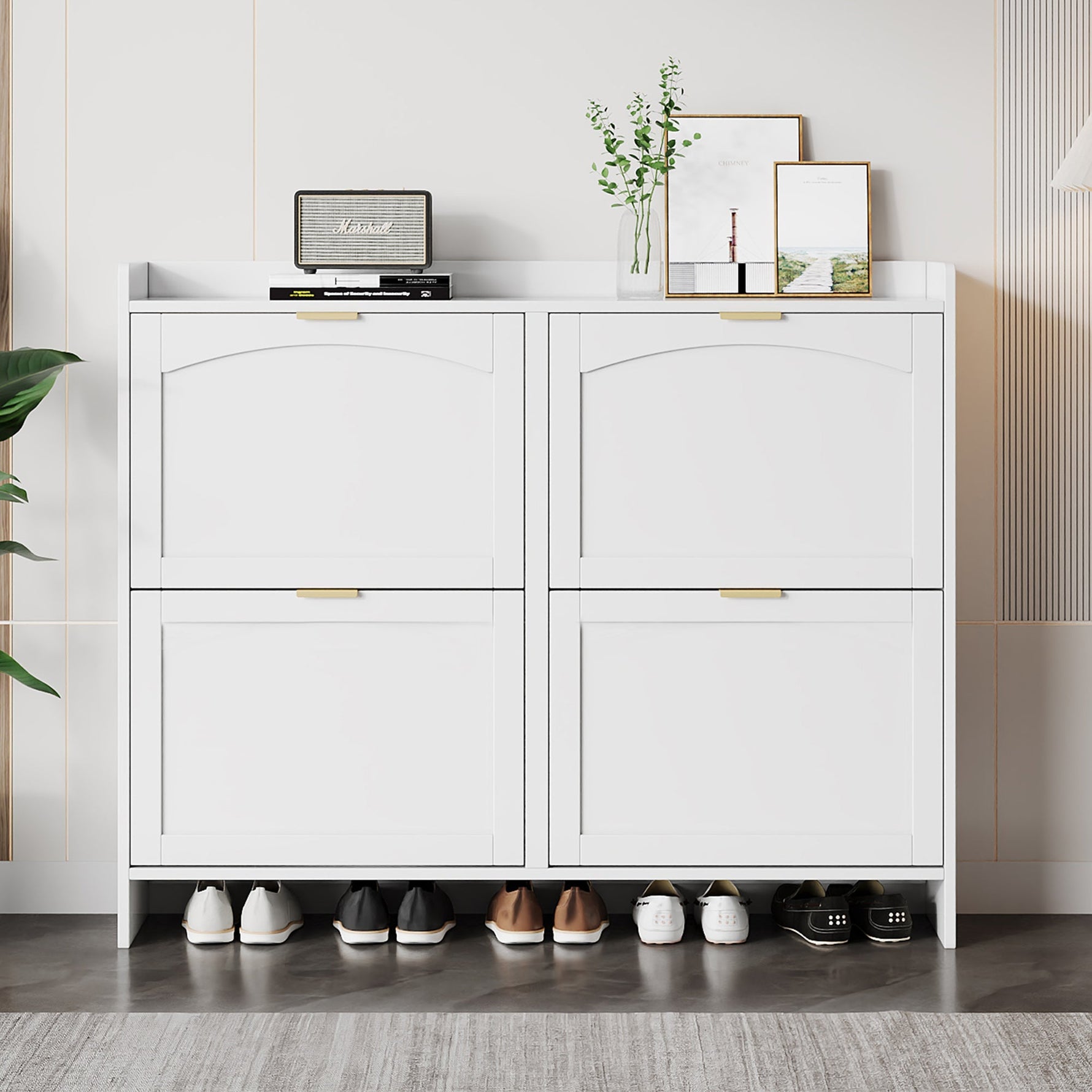 Shoe Cabinet 4 Drop-Down Compartments Open Shelves Entryway/Hallway, White