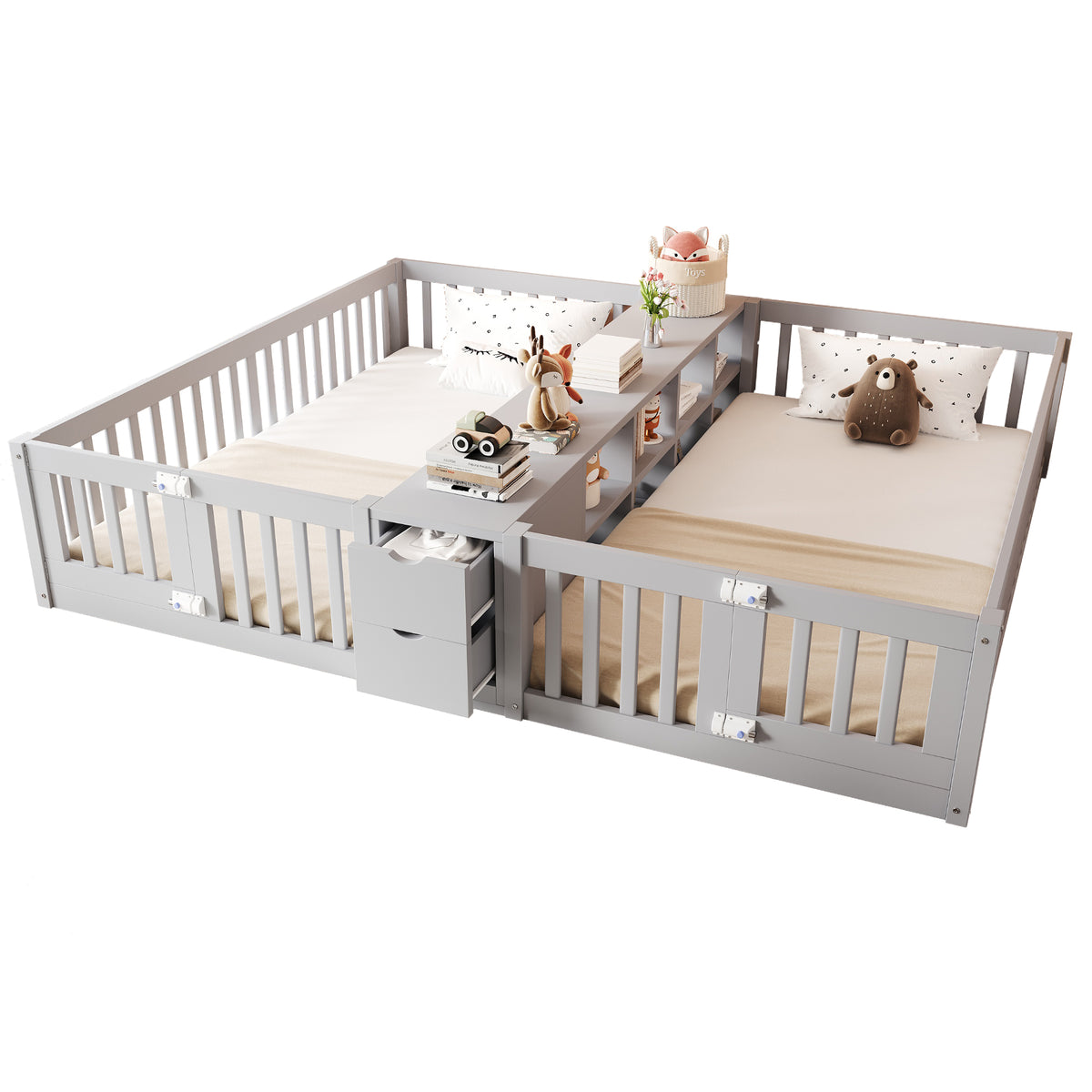 Kids Wooden Bed 90x200cm with Drawer & Safety Rail, Grey