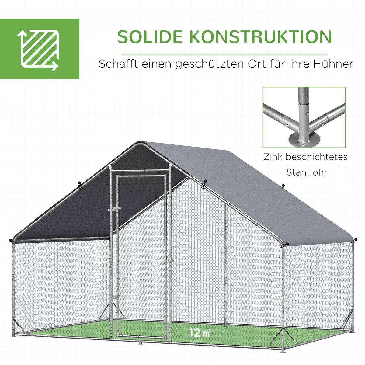 Chicken Coop Free-Range Enclosure, 300 x 200 x 200 cm, 4-6 Chickens, Steel, Silver