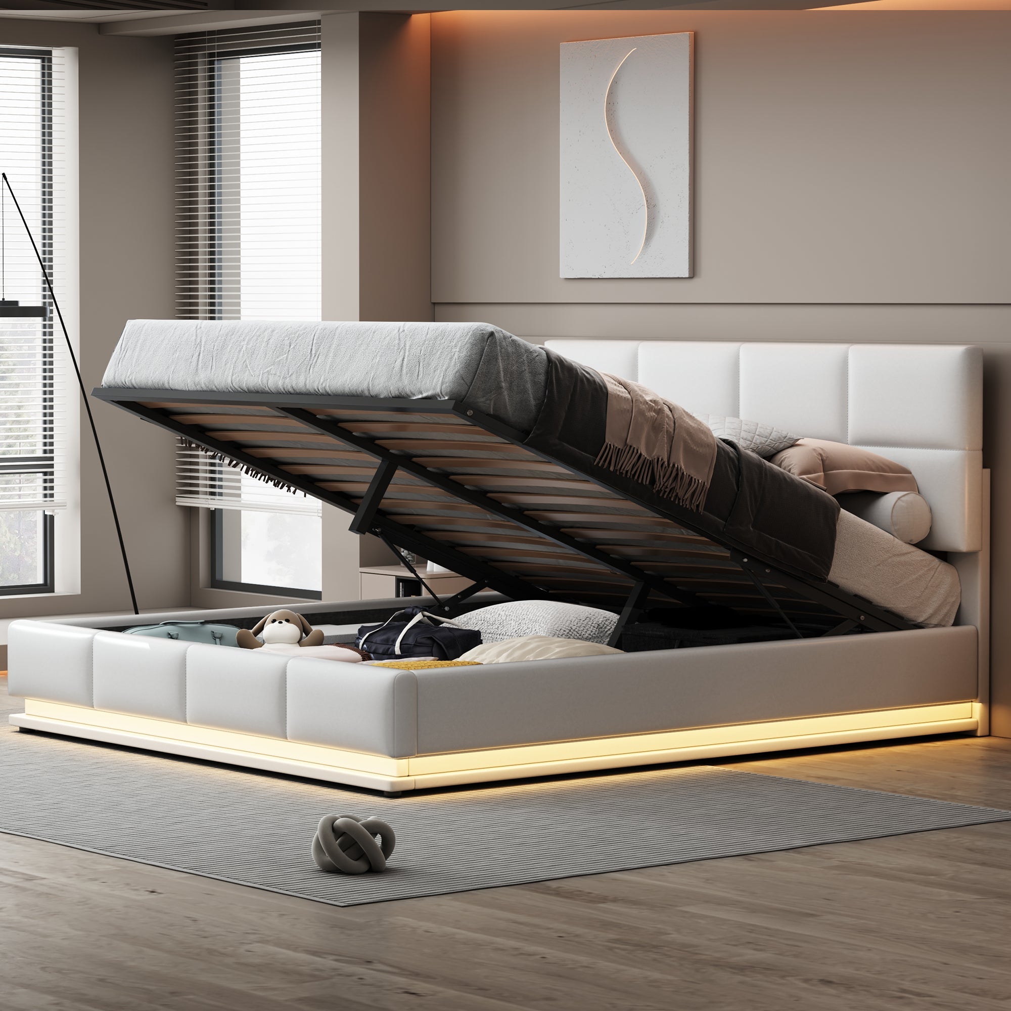 Upholstered Bed 180x200cm Hydraulic Storage LED Faux Leather - White