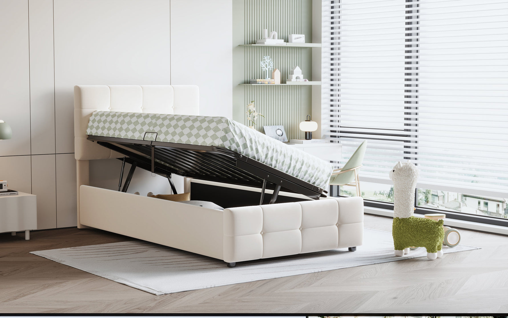 Upholstered Children's Bed 90x200cm, Hydraulic Storage, Adjustable Headboard, Velvet Beige