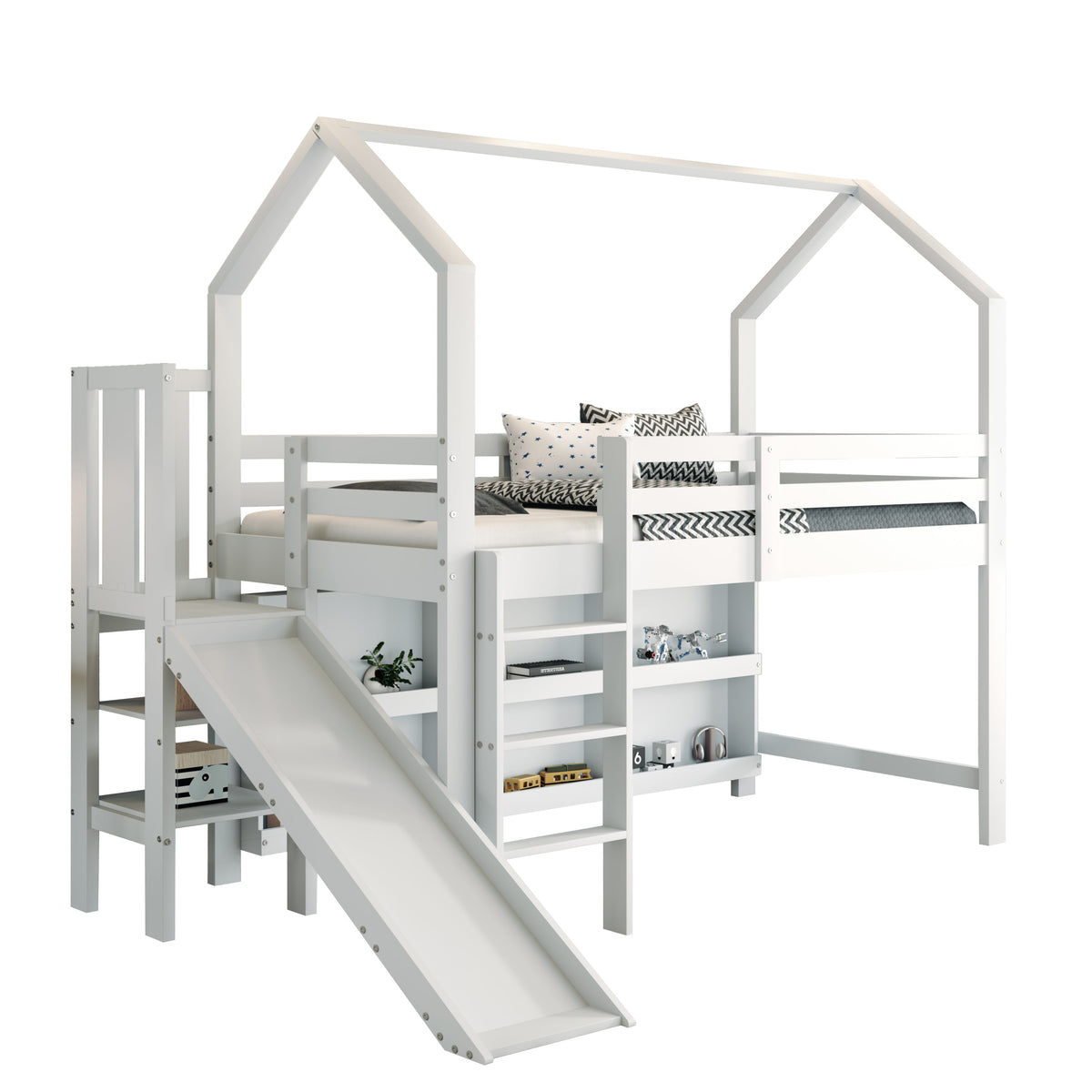 Multifunctional Children's Bed with Slide, Stairs, Locker and Shelf, 90x200cm, White Solid Wood + MDF