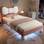 Upholstered Bed, Single Children's with Bow-Tie Headboard & LED Light, Velvet Beige + Pink