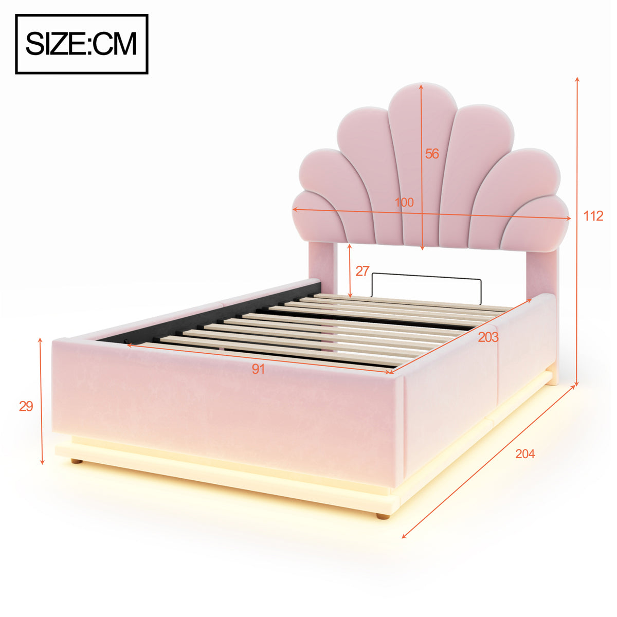 Upholstered Bed 90x200cm, Flower Headboard & Storage, Pink Velvet